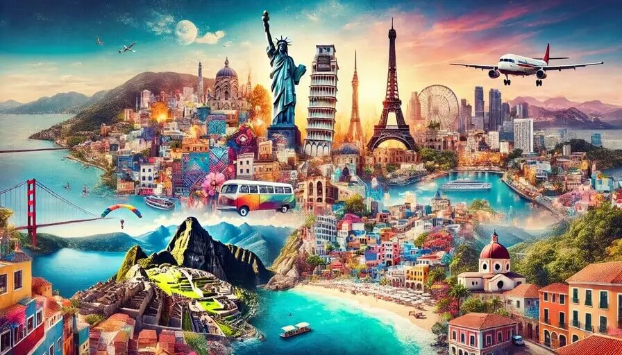 Montagem de destinos baratos para viajar, incluindo Machu Picchu, Torre Eiffel, Cristo Redentor, praias do Caribe e Santorini, representando lugares imperdíveis