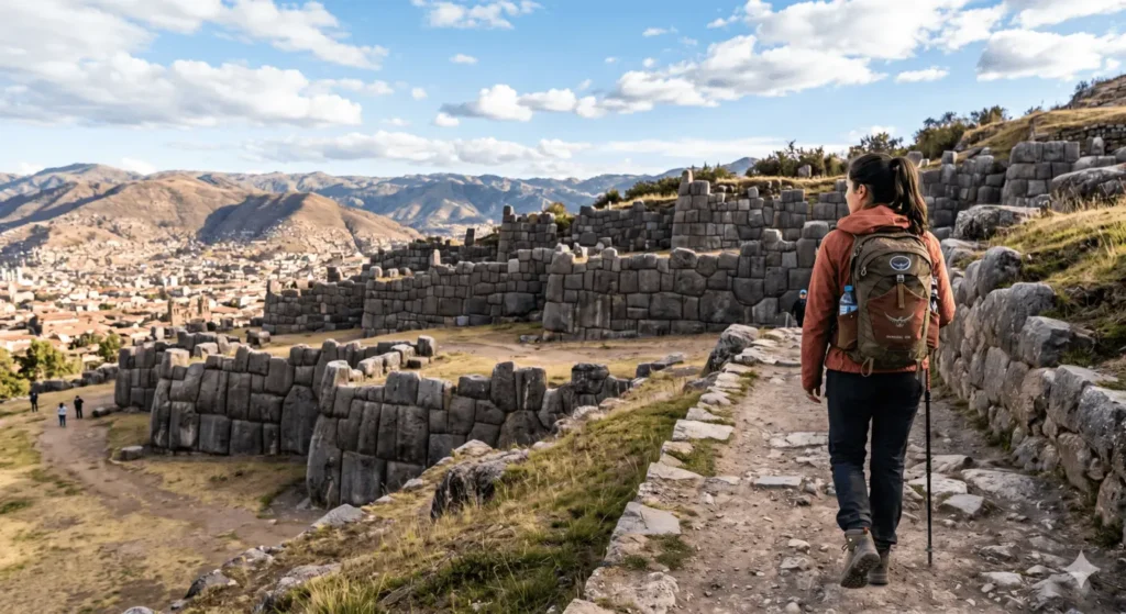 Destinos Baratos na América do Sul: O Guia Definitivo de Custo-Benefício 2 Uma viajante com mochila caminha pelas monumentais ruínas incas de Sacsayhuamán em Cusco, Peru, um dos melhores destinos baratos na América do Sul, com a cidade e as montanhas dos Andes ao fundo.