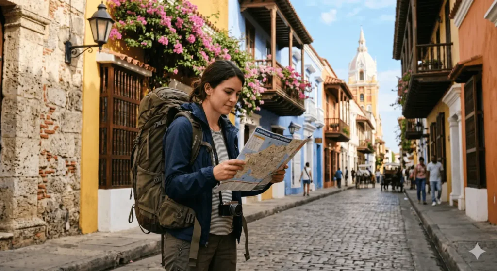 Destinos Baratos na América do Sul: O Guia Definitivo de Custo-Benefício 1 Uma viajante mochileira com uma grande mochila verde estuda um mapa desdobrado em uma charmosa rua de paralelepípedos ladeada por edifícios coloniais coloridos e varandas com flores na América do Sul, destacando a exploração independente e econômica de destinos baratos na América do Sul.